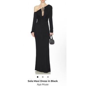 AYA MUSE Black Long Sleeve Drape Front Maxi Dress Ribbed Silk Viscose M